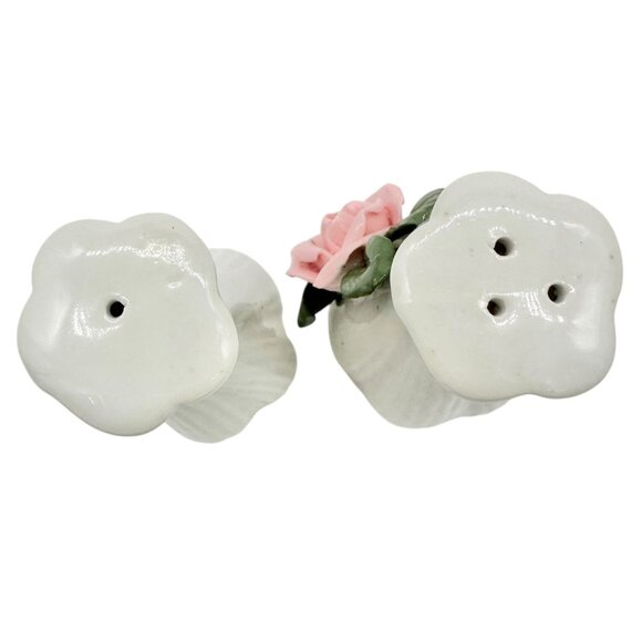 Ceramic Floral Salt and Pepper Shakers White with Pink Roses and Green Leaves - Picture 2 of 7